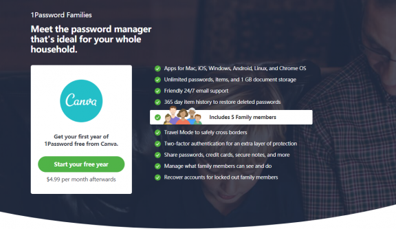 免费领取 1Password 家庭版一年会员[全平台][$59.88→0]